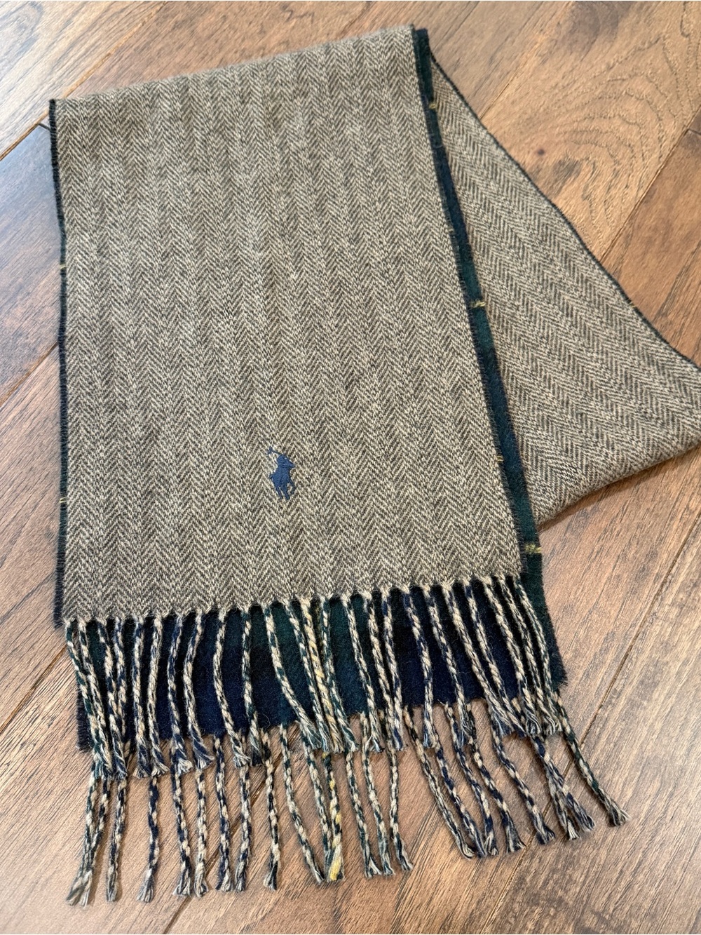 Polo Ralph Lauren Brown Herringbone & Dark Green Plaid Wool Scarf - Picture 4 of 7